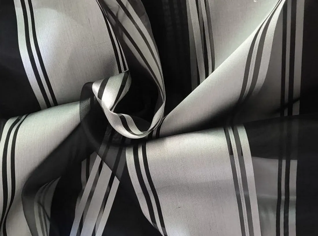 100% silk organza black stripes fabric 54" wide  by the yard