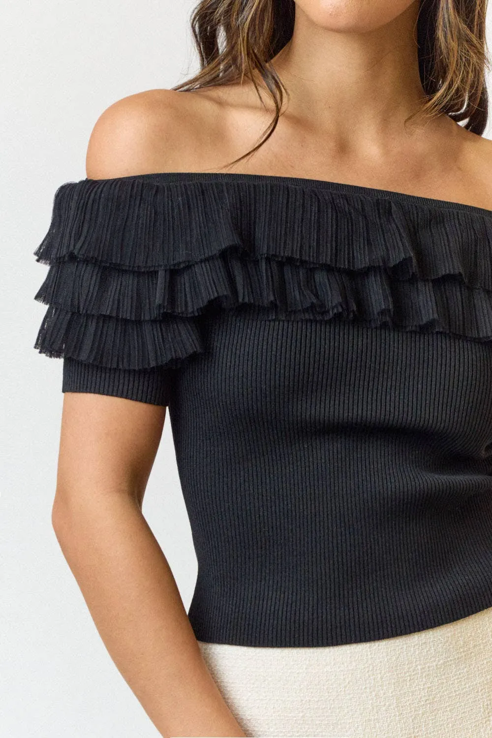 Allie Tulle Ruffle Off-Shoulder Ribbed Top