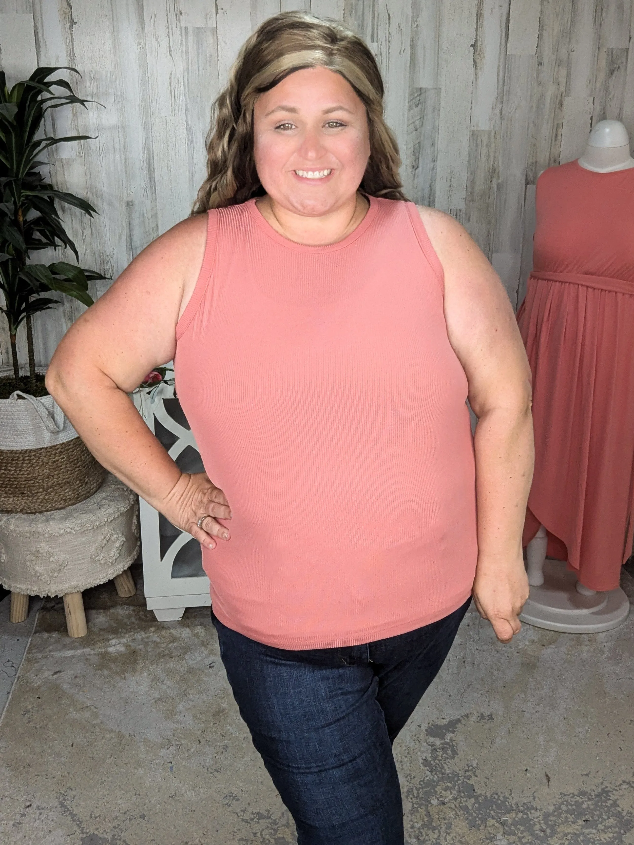 Billie High Neck Ribbed Scoopneck Tank in Rosewood