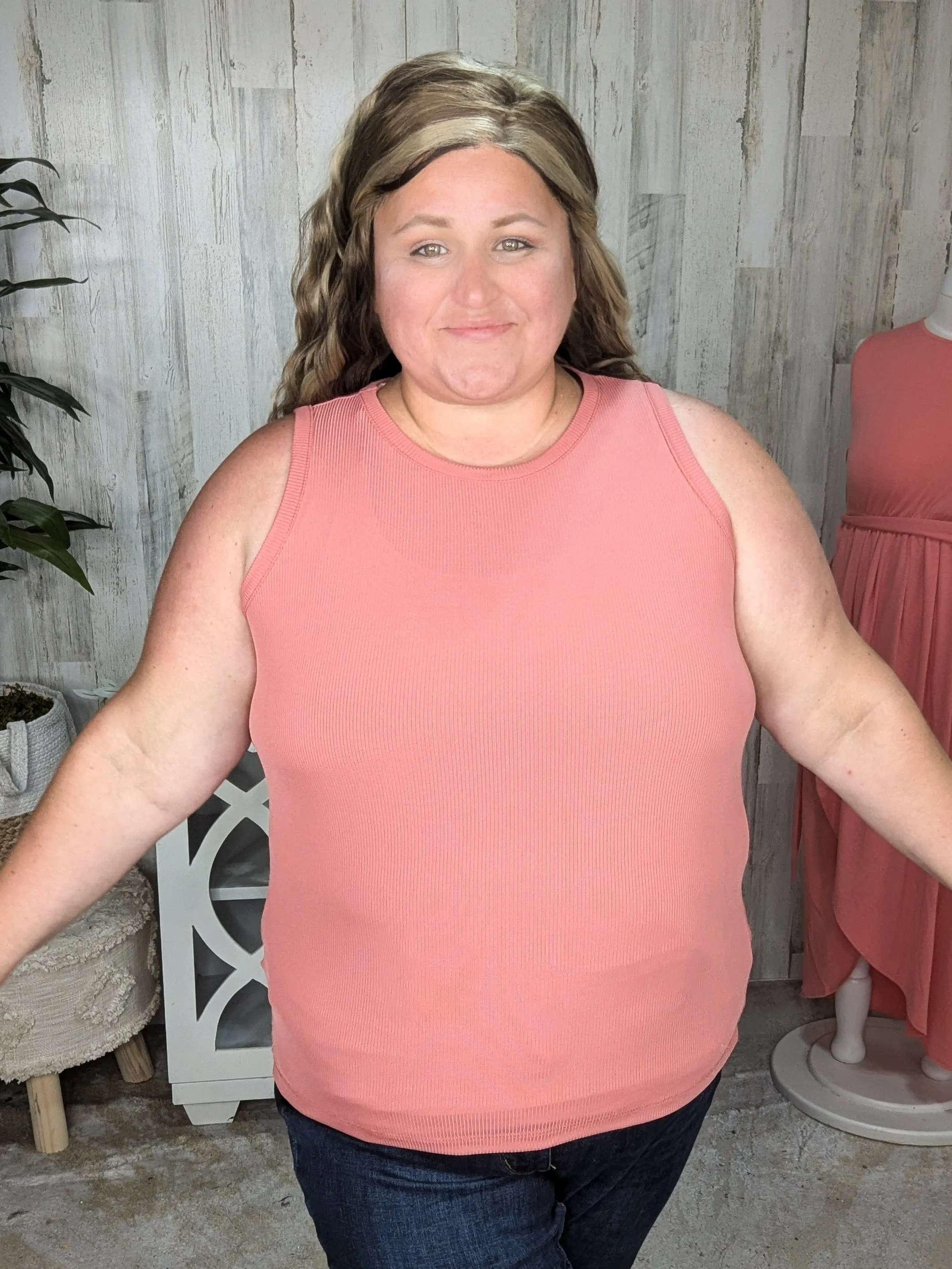 Billie High Neck Ribbed Scoopneck Tank in Rosewood