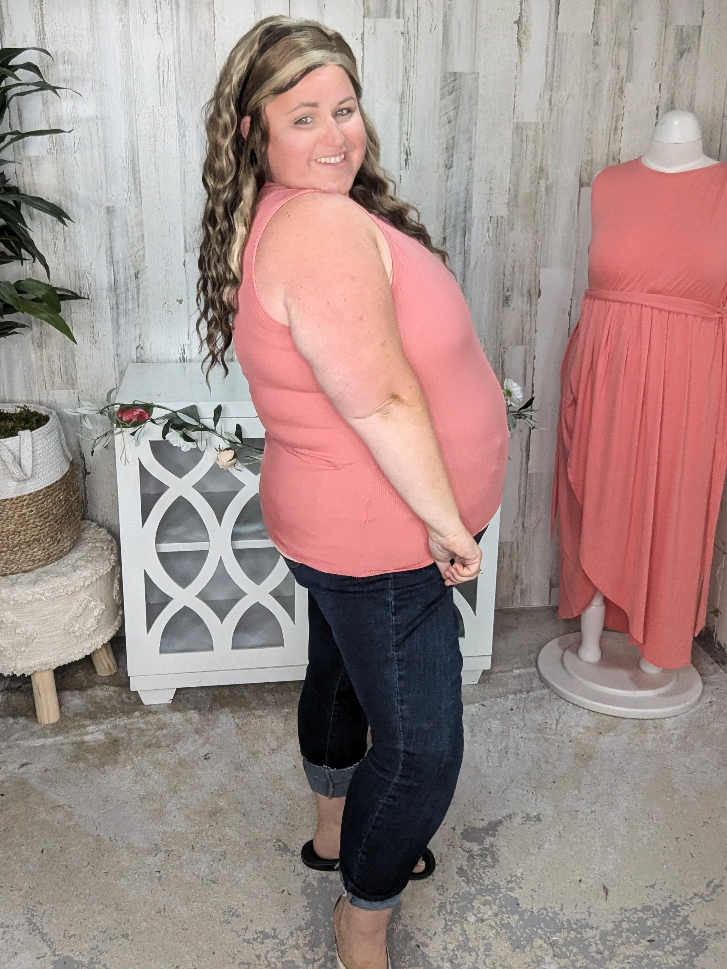 Billie High Neck Ribbed Scoopneck Tank in Rosewood