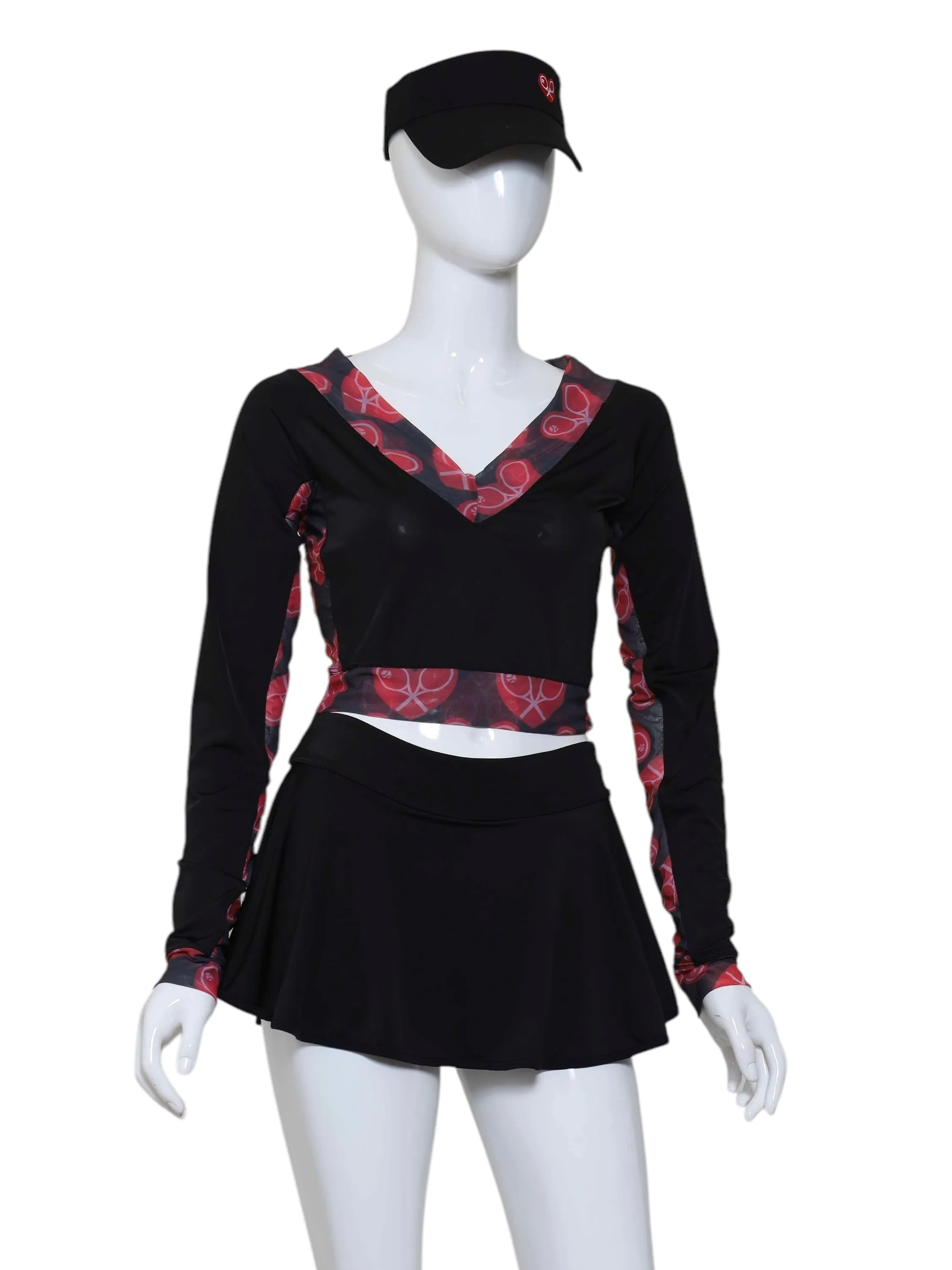 Black Vee Crop Top with Heart Mesh Trim