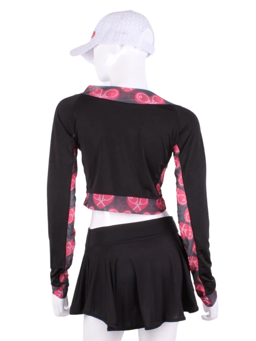 Black Vee Crop Top with Heart Mesh Trim