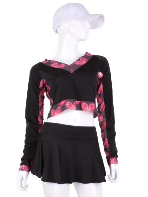 Black Vee Crop Top with Heart Mesh Trim