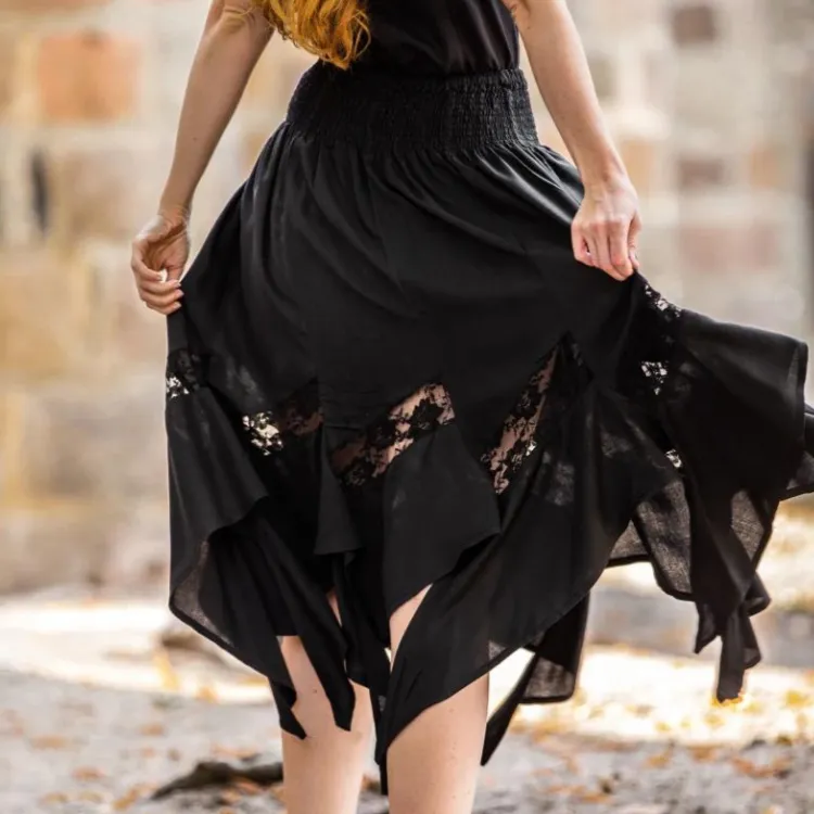 Black Viking Skirt | Flowing Silhouette with Lace Detailing