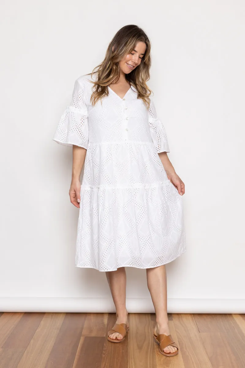 Blossom Broderie Anglaise Tiered Dress White