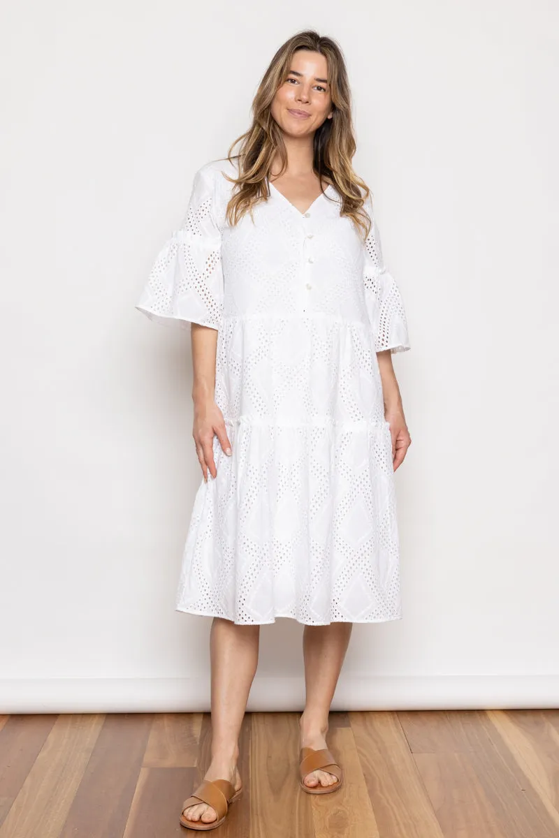Blossom Broderie Anglaise Tiered Dress White