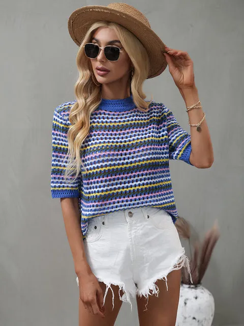 Bohemian Crochet T-Shirt Top Women Clothing Knitwear 2022 Summer T Shirt Multicolor Striped Hollow Out Sexy Tees New