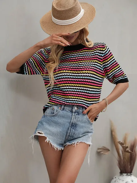 Bohemian Crochet T-Shirt Top Women Clothing Knitwear 2022 Summer T Shirt Multicolor Striped Hollow Out Sexy Tees New