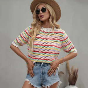 Bohemian Crochet T-Shirt Top Women Clothing Knitwear 2022 Summer T Shirt Multicolor Striped Hollow Out Sexy Tees New