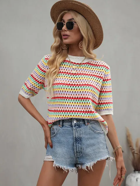 Bohemian Crochet T-Shirt Top Women Clothing Knitwear 2022 Summer T Shirt Multicolor Striped Hollow Out Sexy Tees New