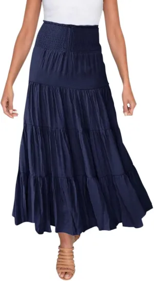 Boho Maxi Skirts for Women 2025 Summer Elastic Waisted Solid Color Flowy Swing A-Line Pleated Long Skirt