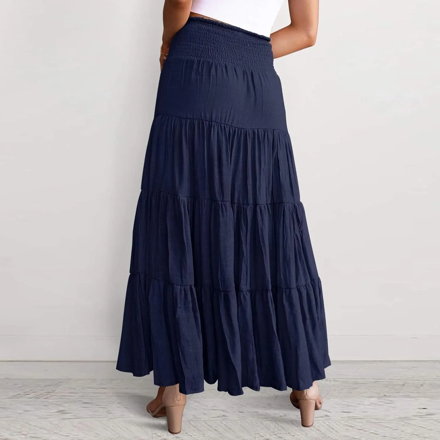 Boho Maxi Skirts for Women 2025 Summer Elastic Waisted Solid Color Flowy Swing A-Line Pleated Long Skirt