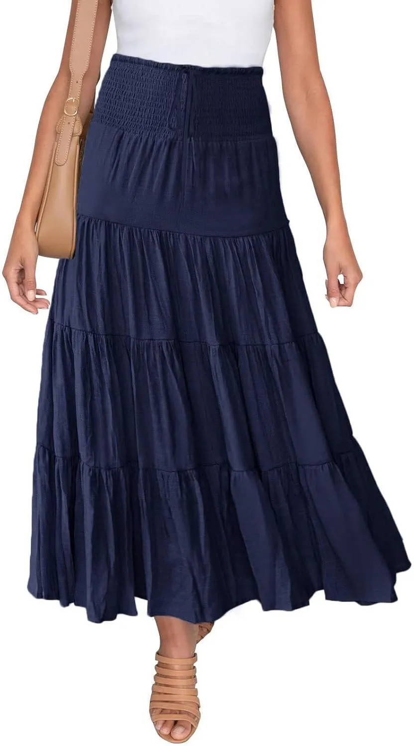 Boho Maxi Skirts for Women 2025 Summer Elastic Waisted Solid Color Flowy Swing A-Line Pleated Long Skirt
