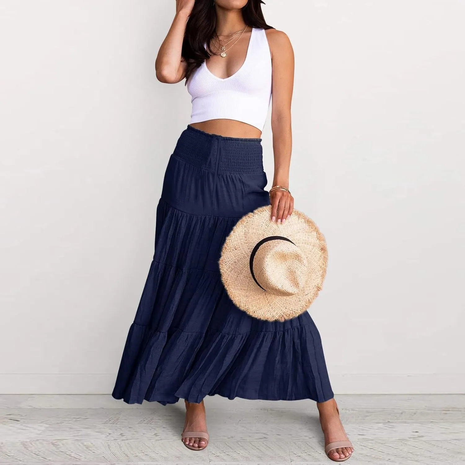 Boho Maxi Skirts for Women 2025 Summer Elastic Waisted Solid Color Flowy Swing A-Line Pleated Long Skirt