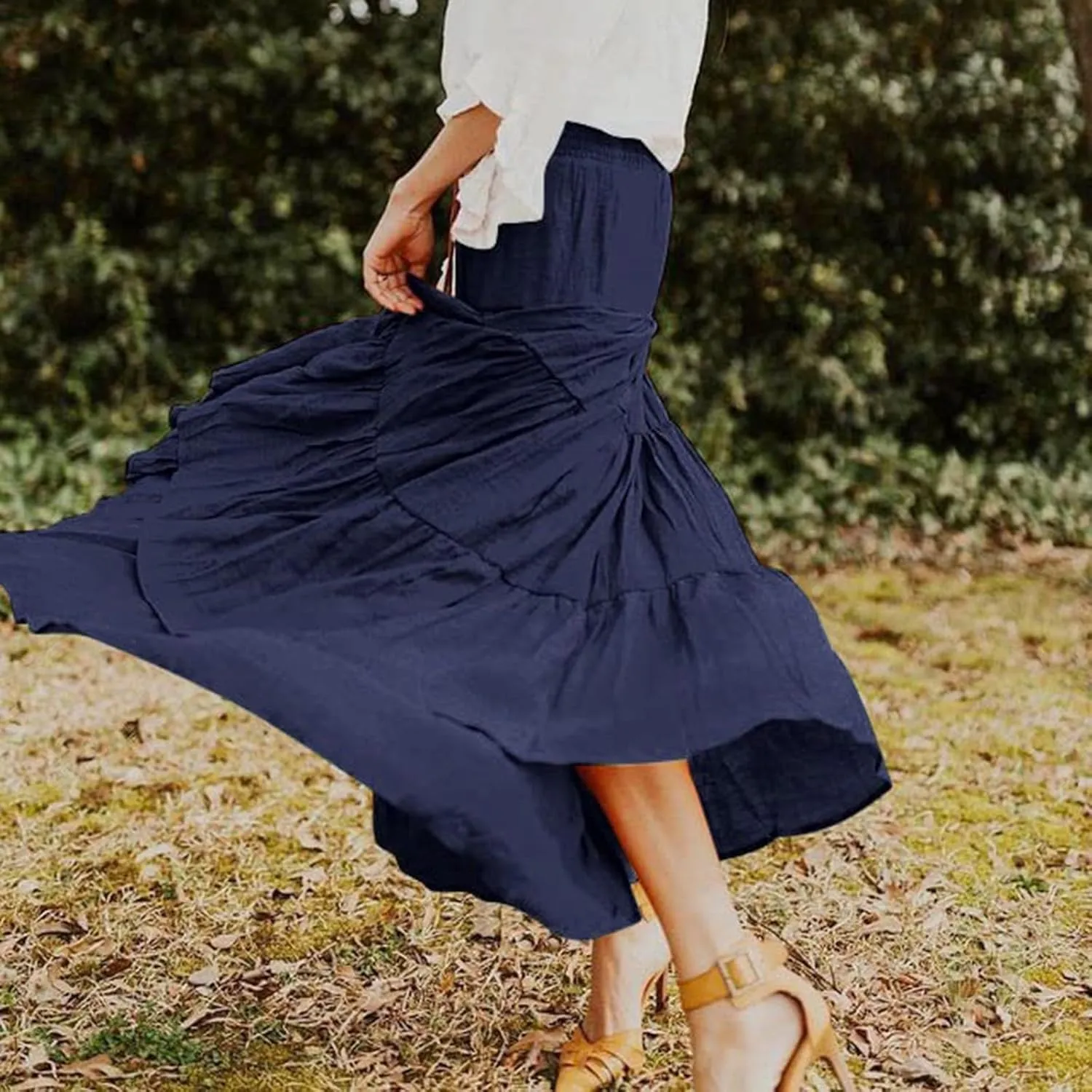 Boho Maxi Skirts for Women 2025 Summer Elastic Waisted Solid Color Flowy Swing A-Line Pleated Long Skirt
