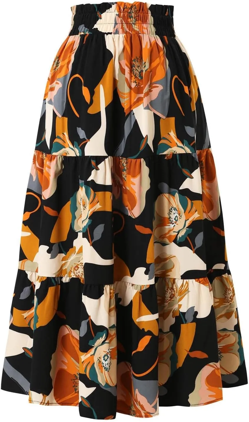 Boho Maxi Skirts for Women Drawstring Waist Tiered Ruffle Long Floral Skirt Bohemian Dressy Casual A Line Flowy Skirt
