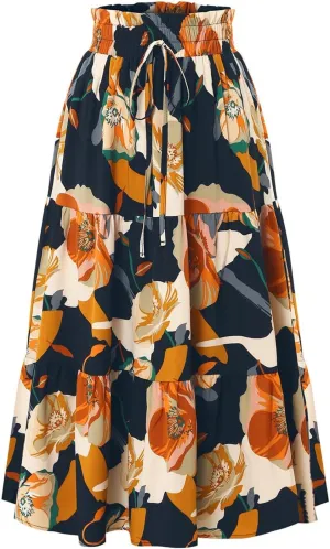Boho Maxi Skirts for Women Drawstring Waist Tiered Ruffle Long Floral Skirt Bohemian Dressy Casual A Line Flowy Skirt