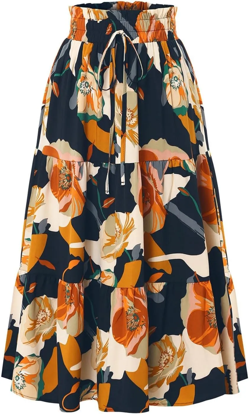 Boho Maxi Skirts for Women Drawstring Waist Tiered Ruffle Long Floral Skirt Bohemian Dressy Casual A Line Flowy Skirt