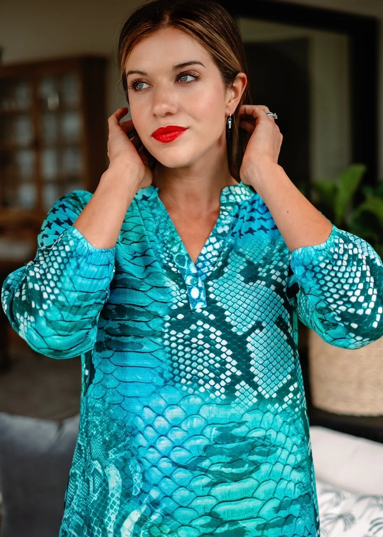 Carly Dress With Snake Print In Aqua