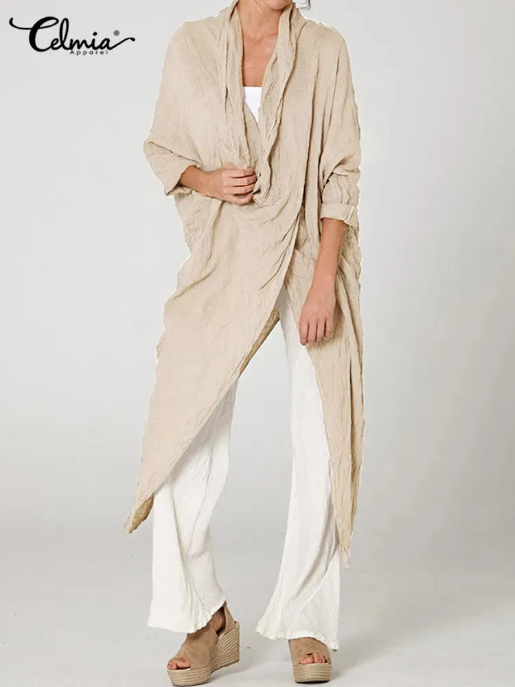 Celmia Autumn Women Tops Fashion Solid Blouses 2024 Vintage Long Shirts Casual Cowl Neck Long Sleeve Asymmetrical Party Blusas