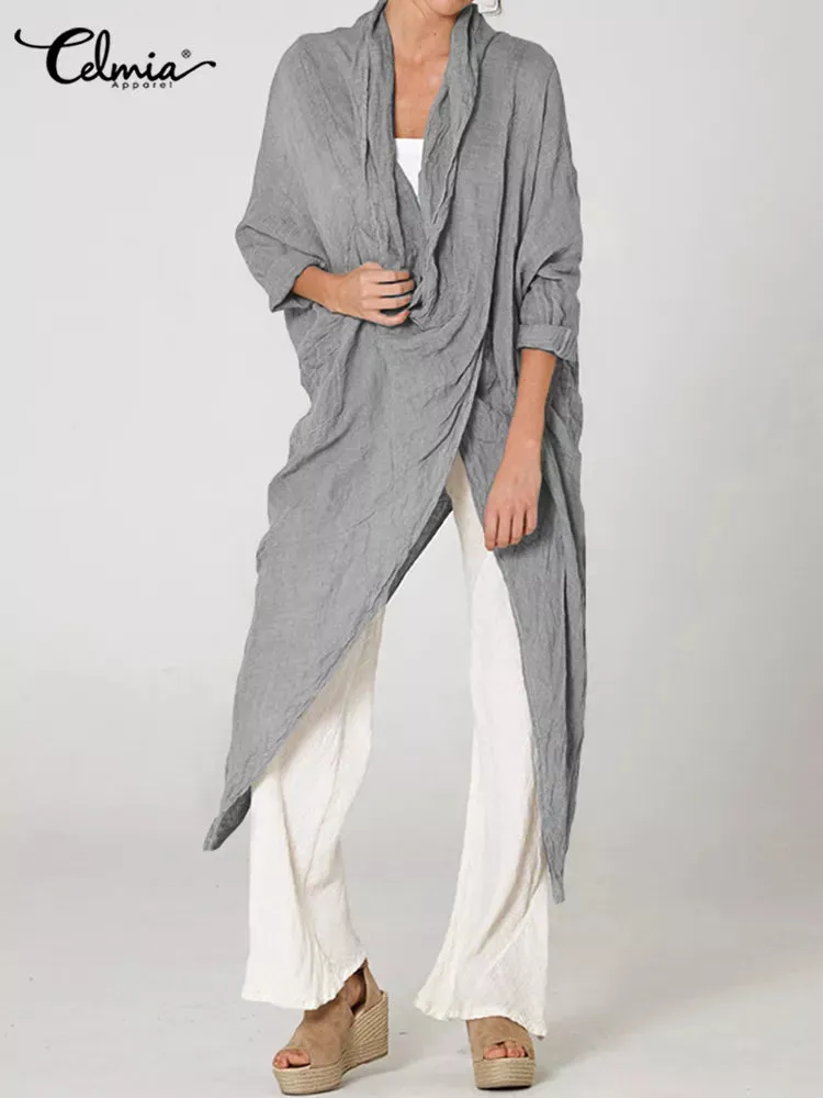 Celmia Autumn Women Tops Fashion Solid Blouses 2024 Vintage Long Shirts Casual Cowl Neck Long Sleeve Asymmetrical Party Blusas
