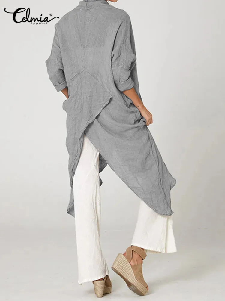 Celmia Autumn Women Tops Fashion Solid Blouses 2024 Vintage Long Shirts Casual Cowl Neck Long Sleeve Asymmetrical Party Blusas