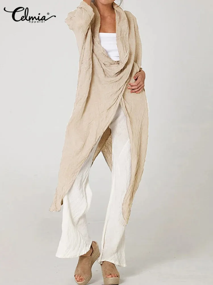 Celmia Autumn Women Tops Fashion Solid Blouses 2024 Vintage Long Shirts Casual Cowl Neck Long Sleeve Asymmetrical Party Blusas