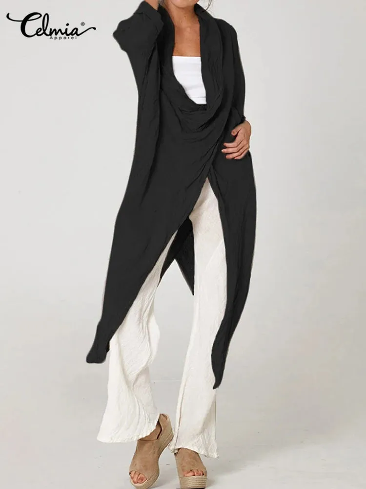 Celmia Autumn Women Tops Fashion Solid Blouses 2024 Vintage Long Shirts Casual Cowl Neck Long Sleeve Asymmetrical Party Blusas
