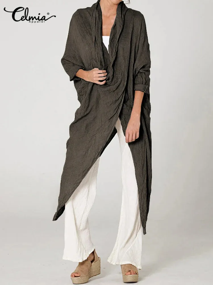 Celmia Autumn Women Tops Fashion Solid Blouses 2024 Vintage Long Shirts Casual Cowl Neck Long Sleeve Asymmetrical Party Blusas