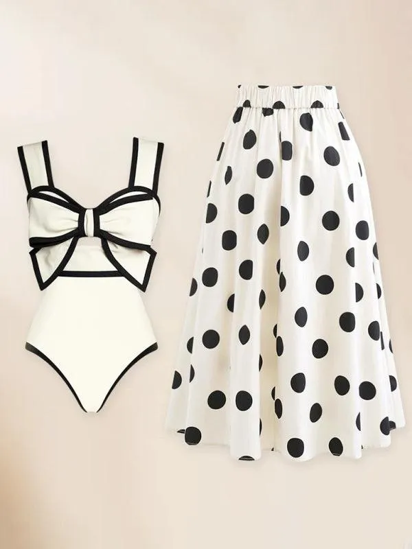 Charming Bow-Embellished Swim Set with Playful Polka Dot Skirt for Trendy Escapes