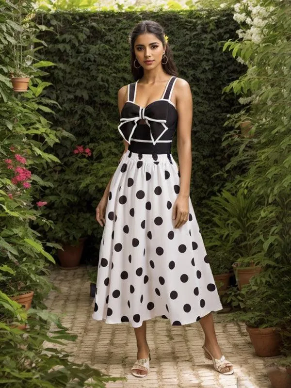 Charming Bow-Embellished Swim Set with Playful Polka Dot Skirt for Trendy Escapes