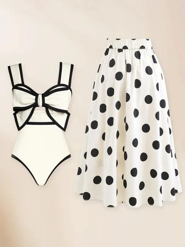 Charming Bow-Embellished Swim Set with Playful Polka Dot Skirt for Trendy Escapes