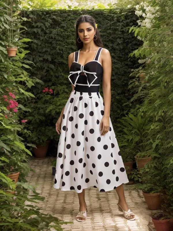 Charming Bow-Embellished Swim Set with Playful Polka Dot Skirt for Trendy Escapes