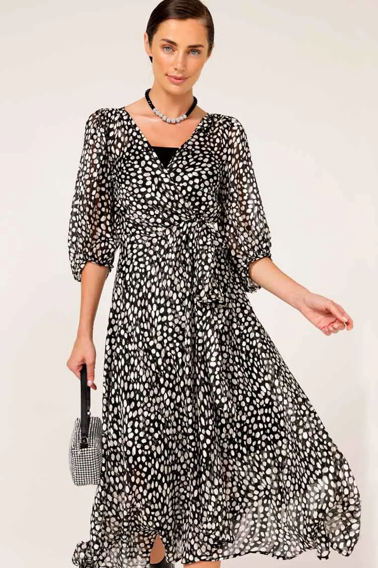 Cloudland Wrap Dress in Black White Spot