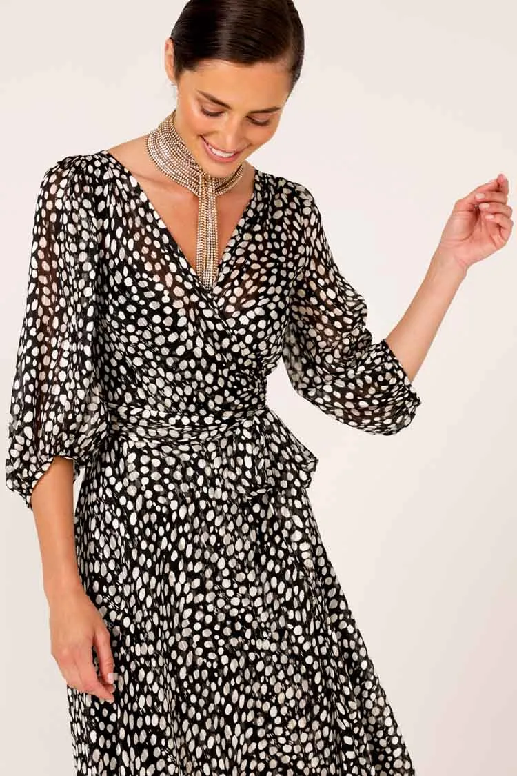 Cloudland Wrap Dress in Black White Spot
