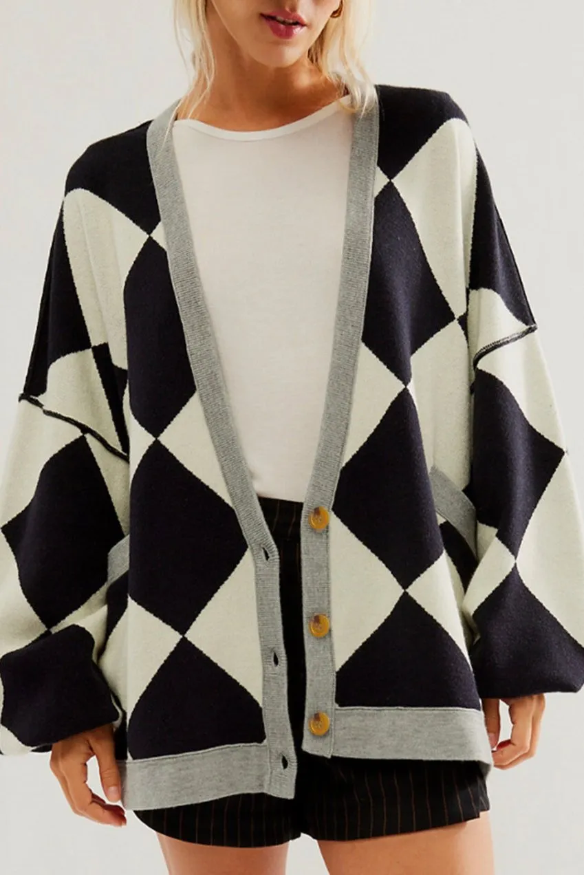 Colorblock Drop Shoulder Buttoned Cardigan