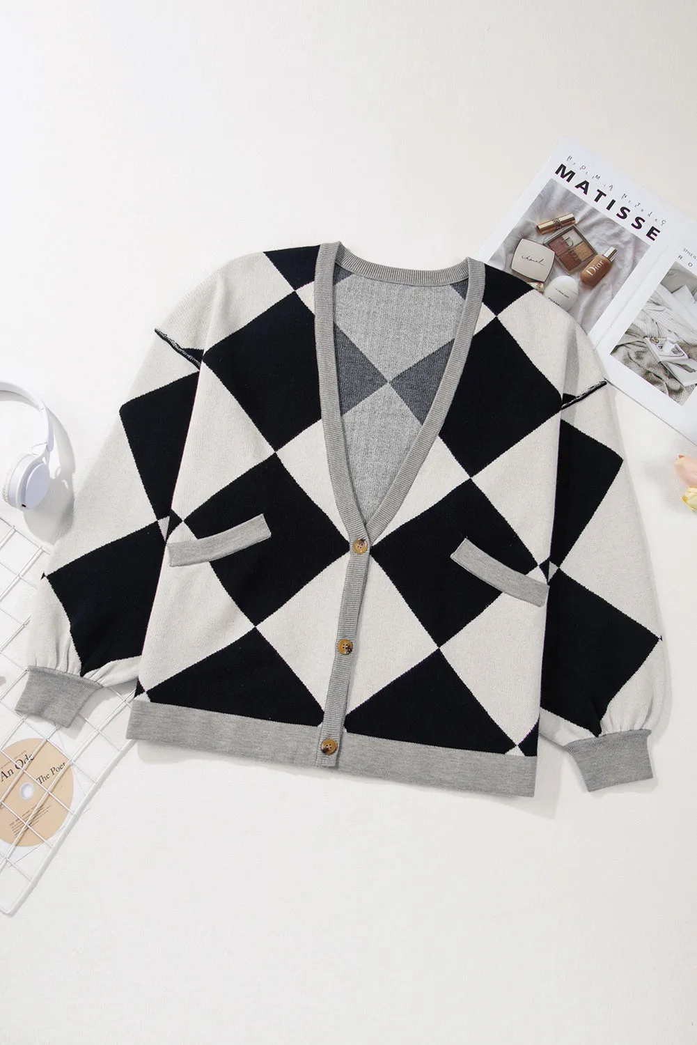 Colorblock Drop Shoulder Buttoned Cardigan