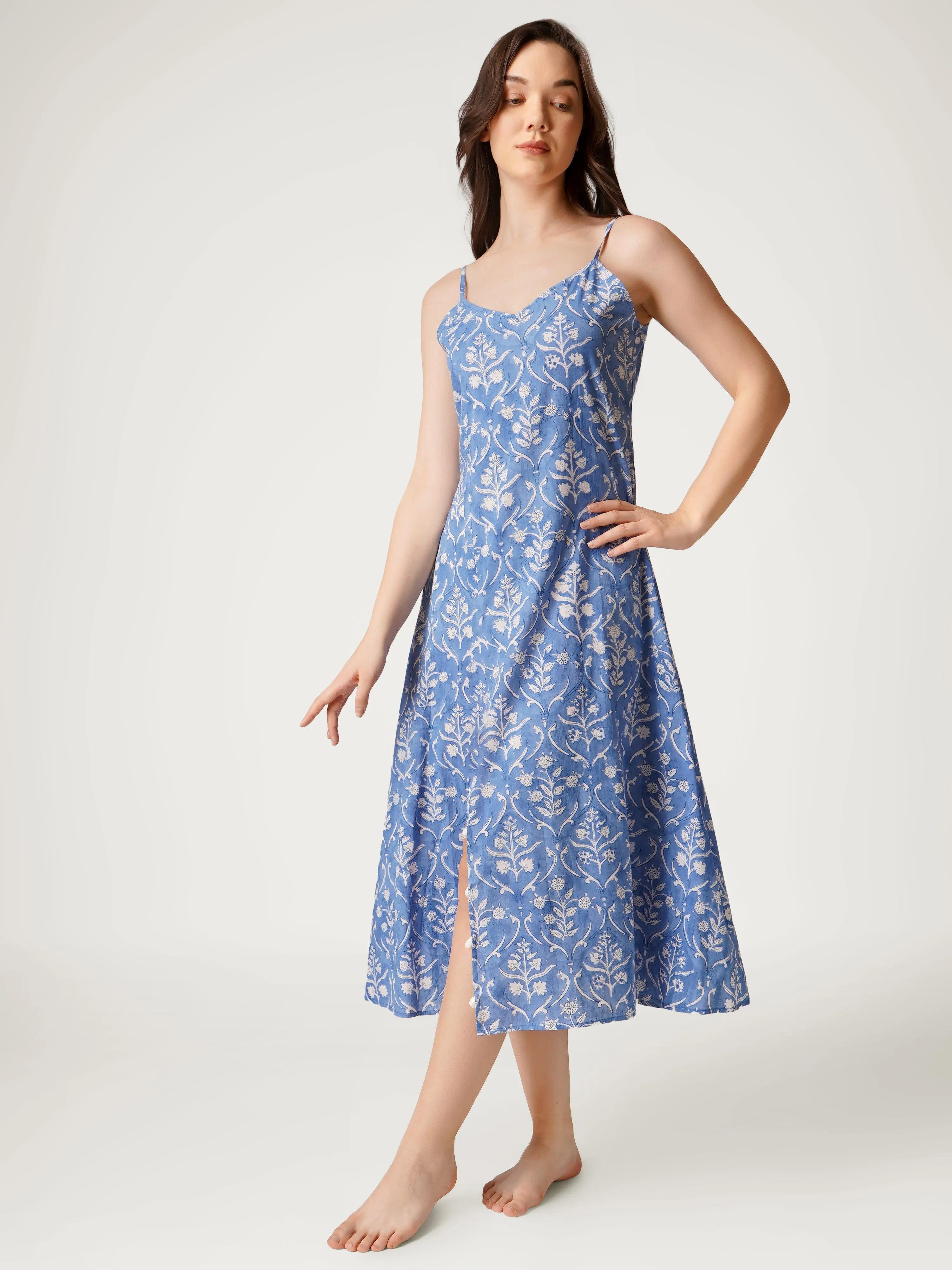 Cornflower Blue Cotton Strappy High-Slit Dress