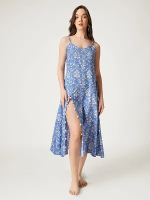 Cornflower Blue Cotton Strappy High-Slit Dress