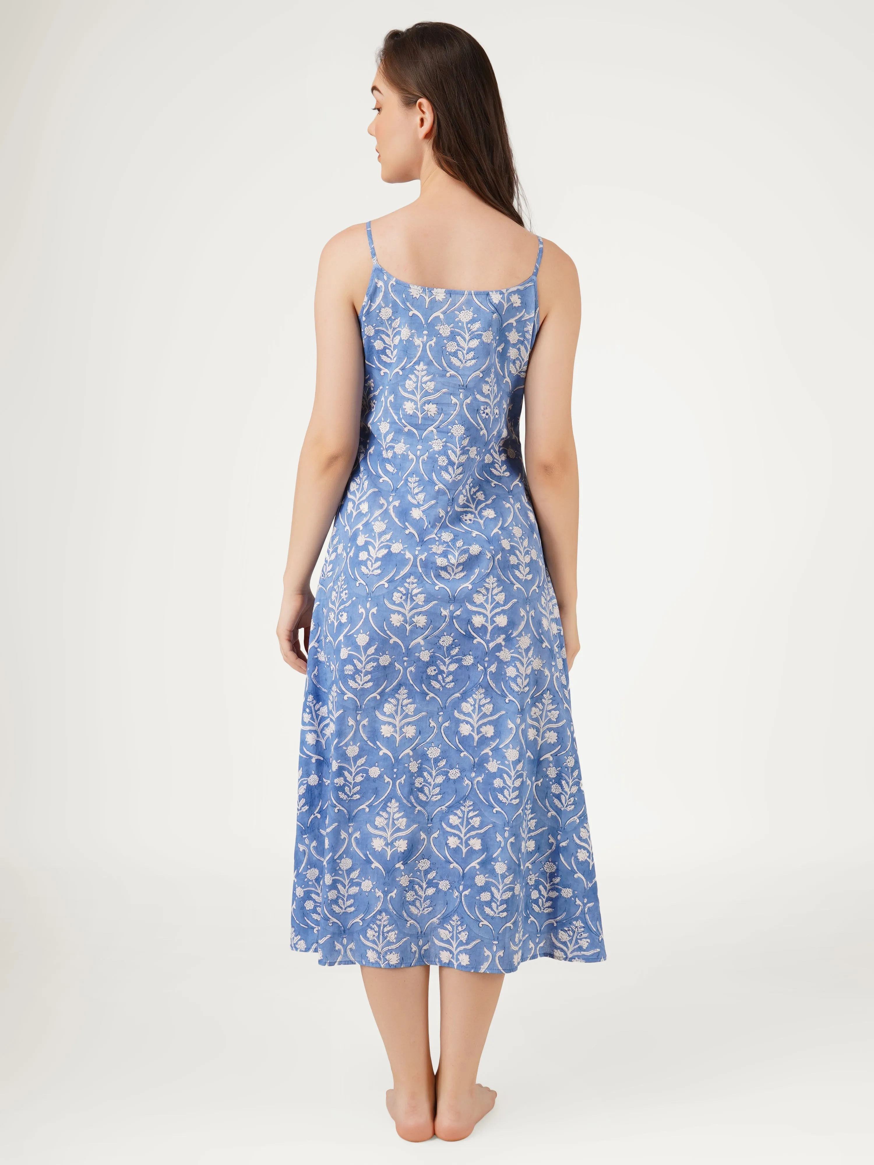 Cornflower Blue Cotton Strappy High-Slit Dress
