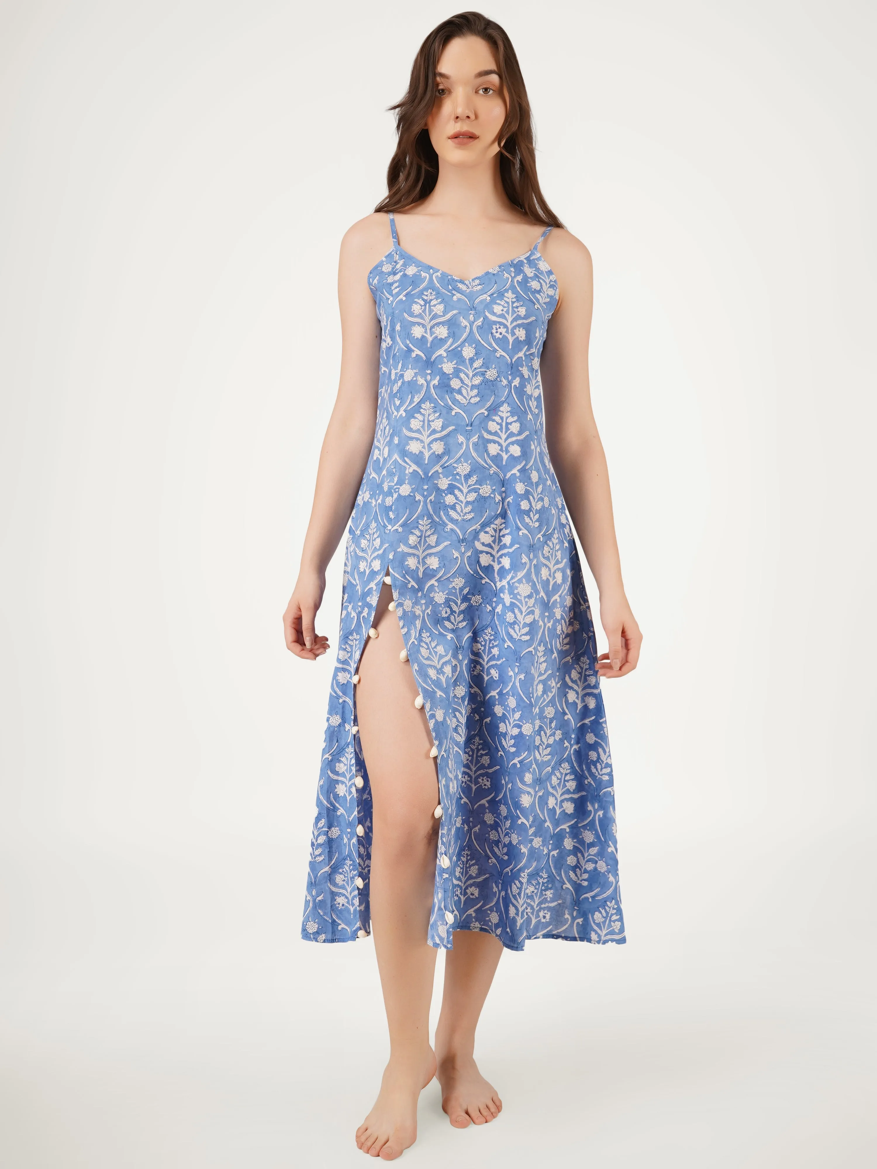 Cornflower Blue Cotton Strappy High-Slit Dress