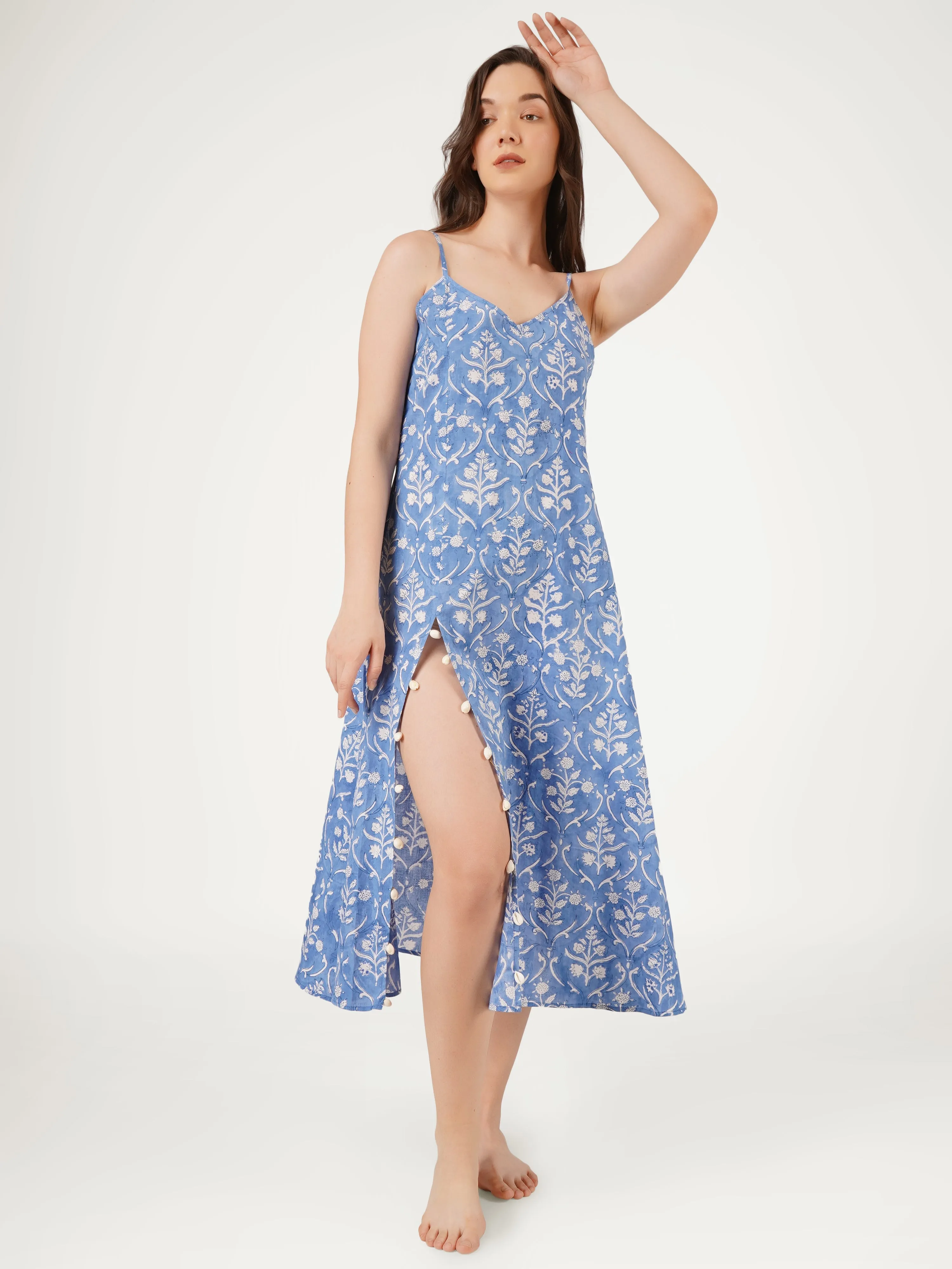 Cornflower Blue Cotton Strappy High-Slit Dress