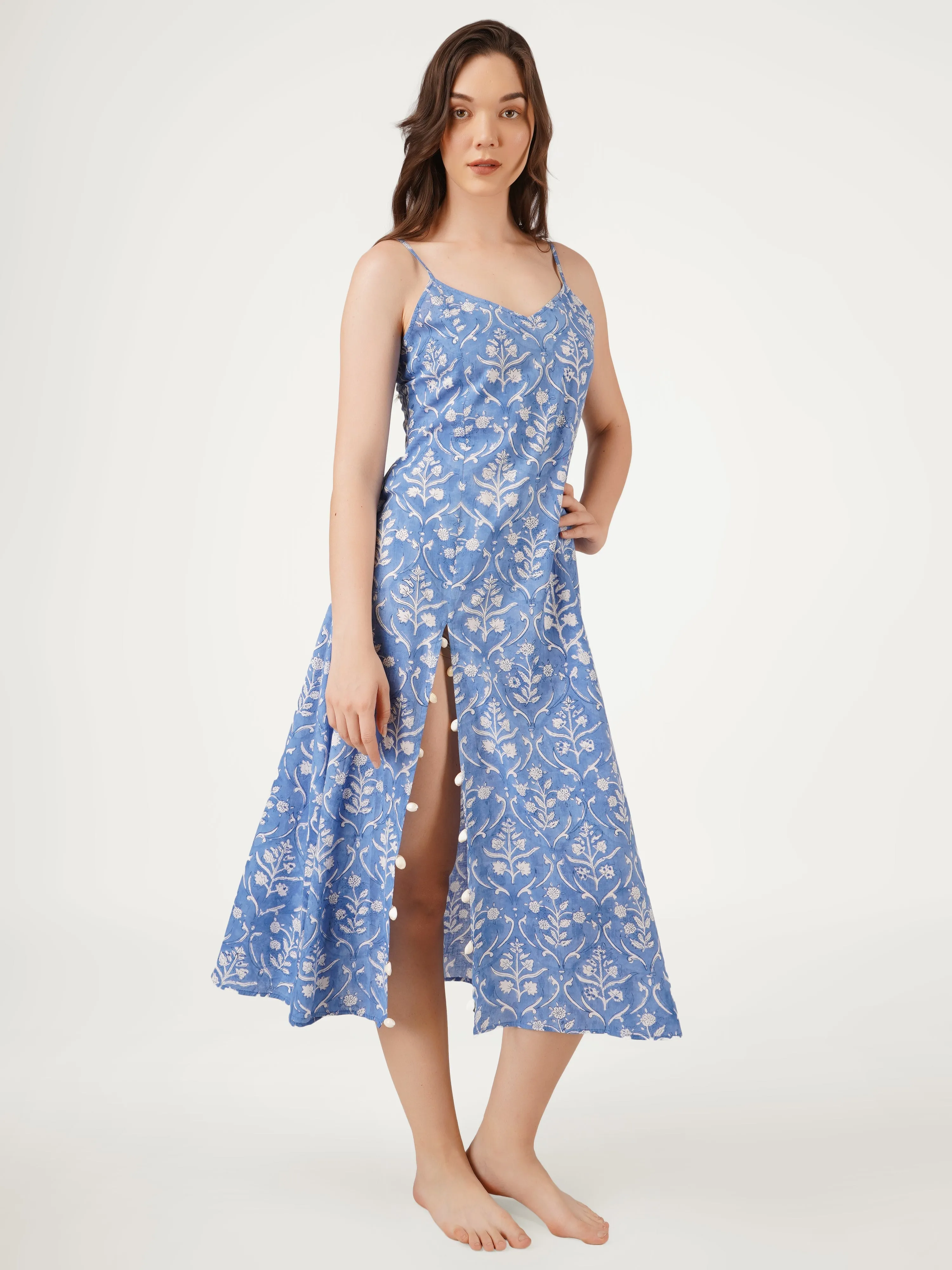 Cornflower Blue Cotton Strappy High-Slit Dress