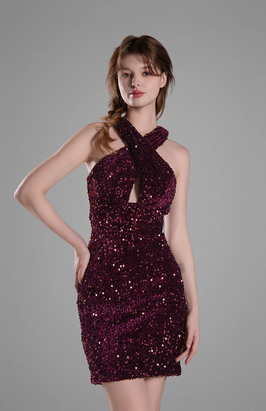Criss Cross Neck Backless Sequins Mini Dresses