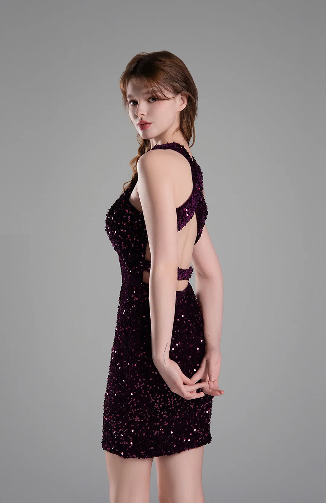 Criss Cross Neck Backless Sequins Mini Dresses