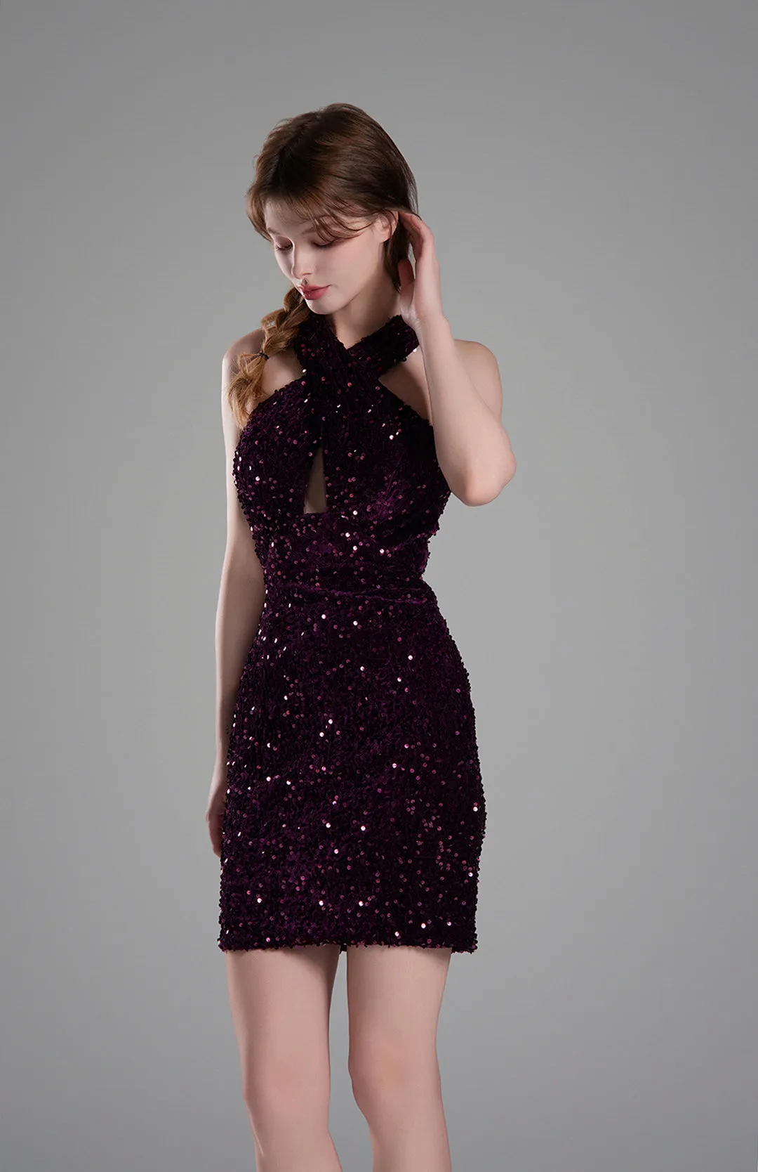 Criss Cross Neck Backless Sequins Mini Dresses