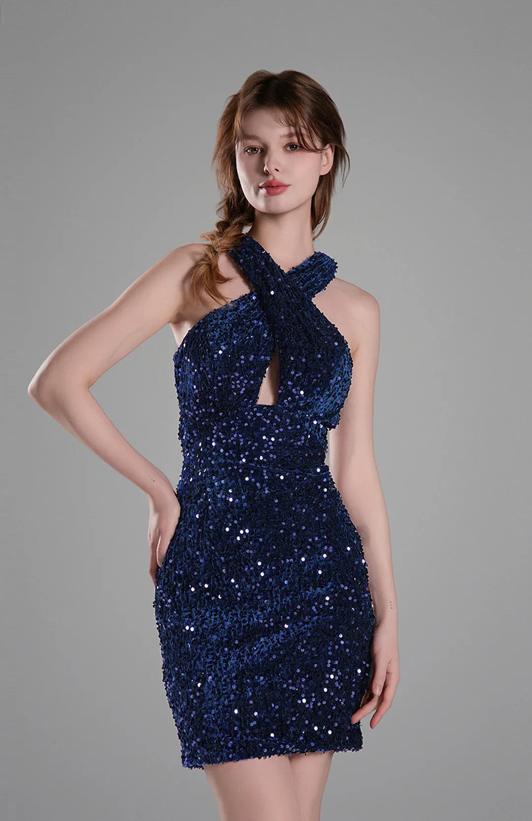 Criss Cross Neck Backless Sequins Mini Dresses