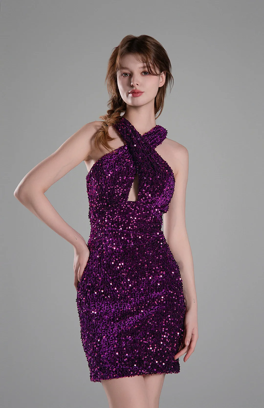 Criss Cross Neck Backless Sequins Mini Dresses