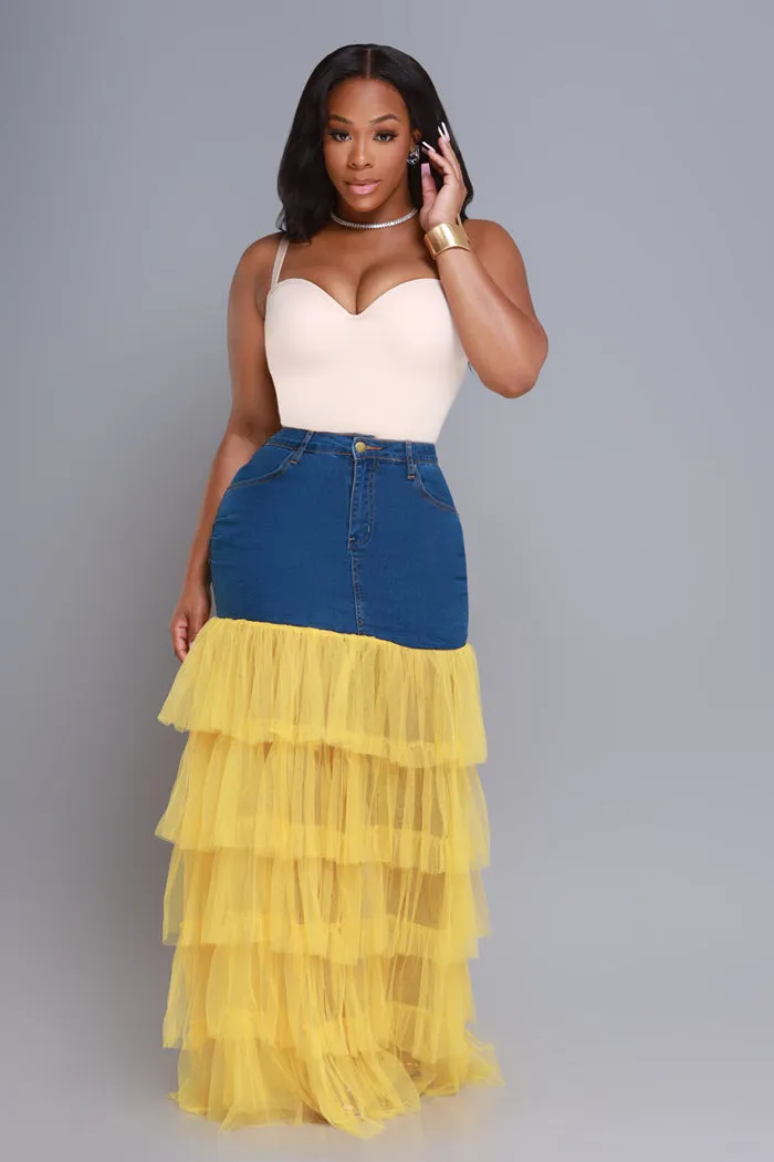 Deny Me This Ruffled Denim Maxi Skirt - Dark Wash/Yellow